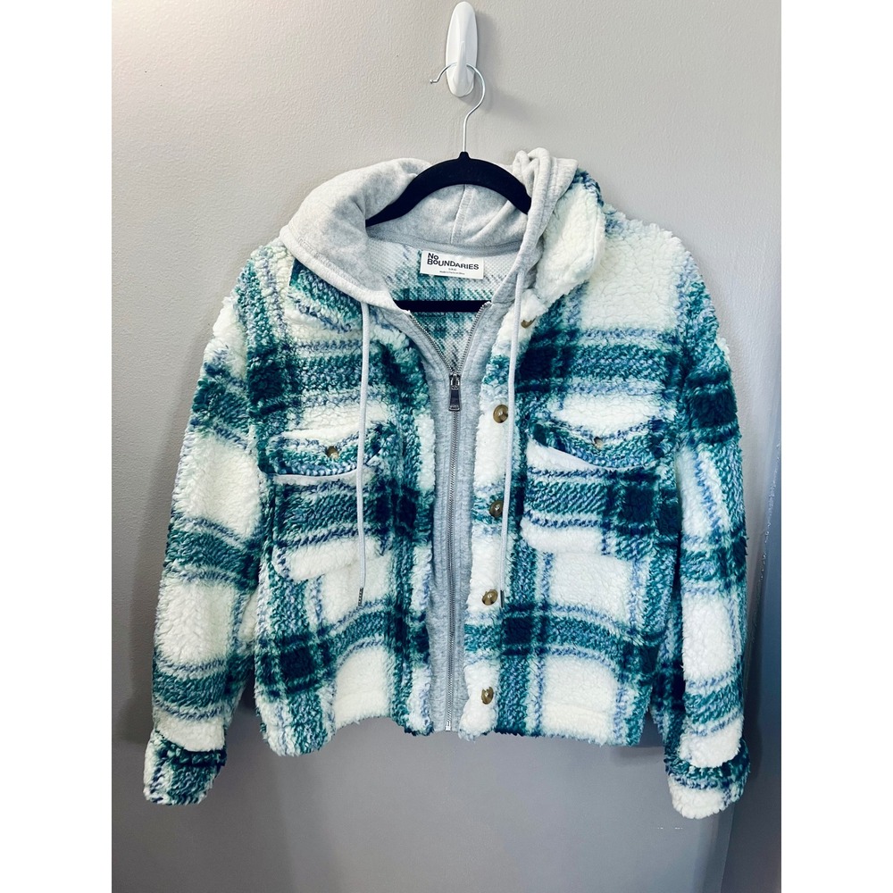 Sherpa Cabincore Plaid Jacket Teal White Hooded Fleece Shacket Womens S 4-6 NWT